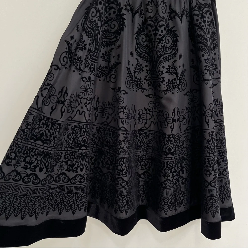 Y2K Vintage MSK Full Velvet Flocked Swing Skirt Black Floral Geometric Patterns - Picture 2 of 9